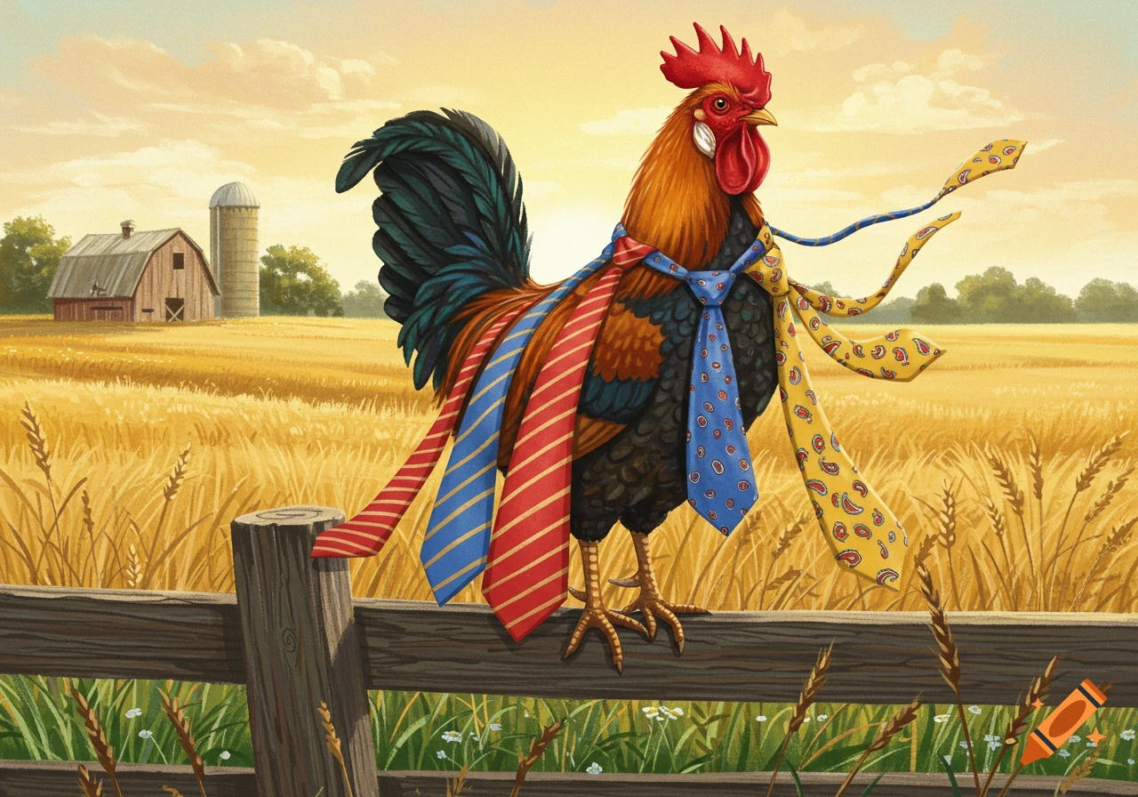 A colorful rooster wearing multiple neckties stands on a wooden fence in a sunny wheat field with a barn. Painting.