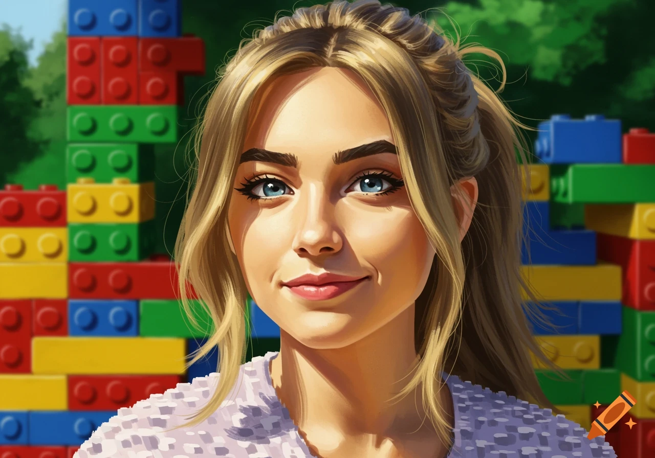 Digital art portrait of a blonde woman with blue eyes smiling in front of colorful building blocks.