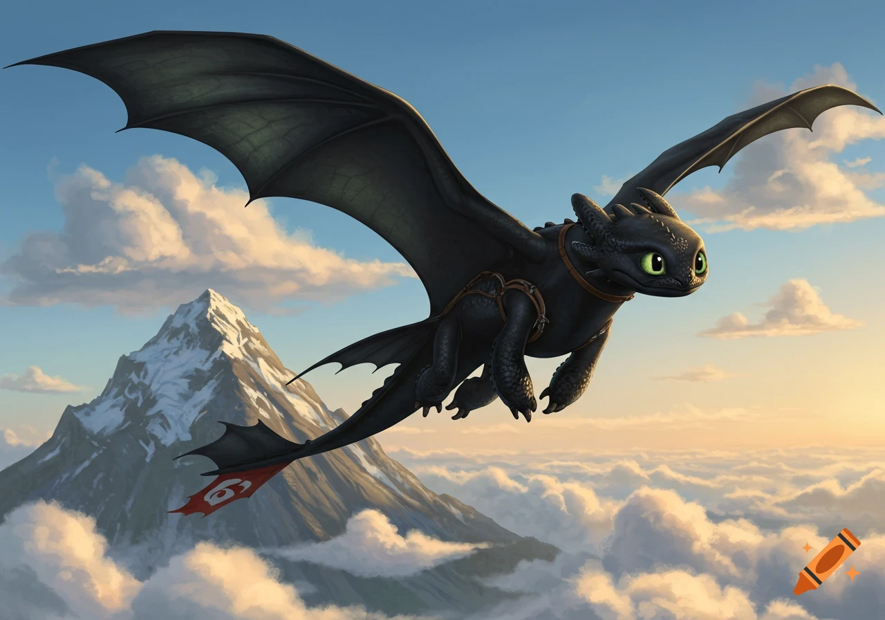 Black dragon Toothless soars above snow-capped mountains and clouds at sunset, animated style.