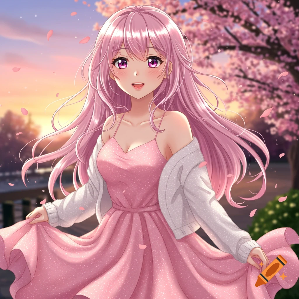 Anime girl with long pink hair and magenta eyes in a pink dress and white cardigan, smiling in a spring setting with cherry blossoms.