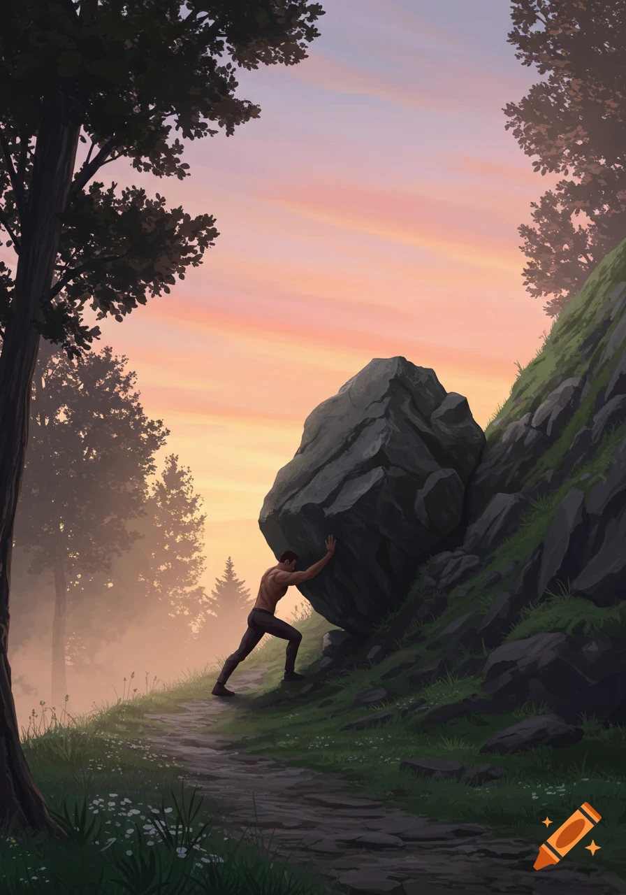 A shirtless man strains to push a large boulder up a steep, grassy hill on a dirt path, set against a sunset sky.