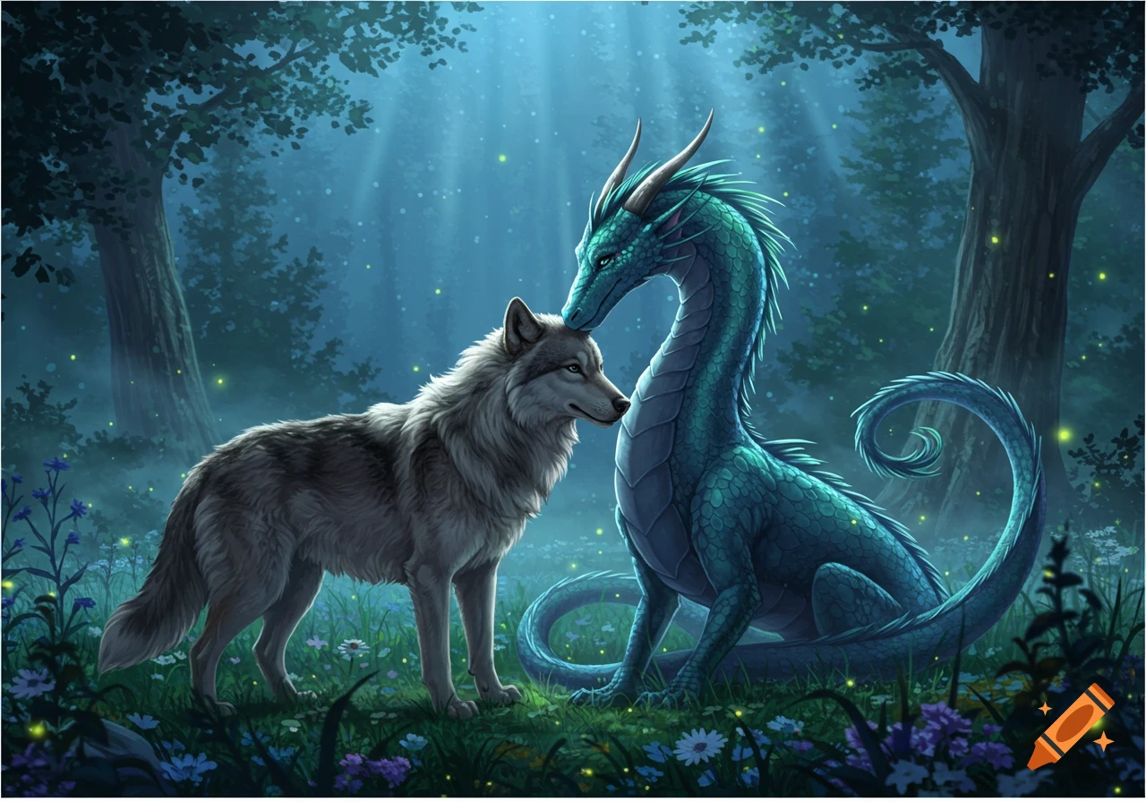 A grey wolf and a blue-green dragon gently touch heads in a mystical forest with glowing particles, detailed fantasy illustration.