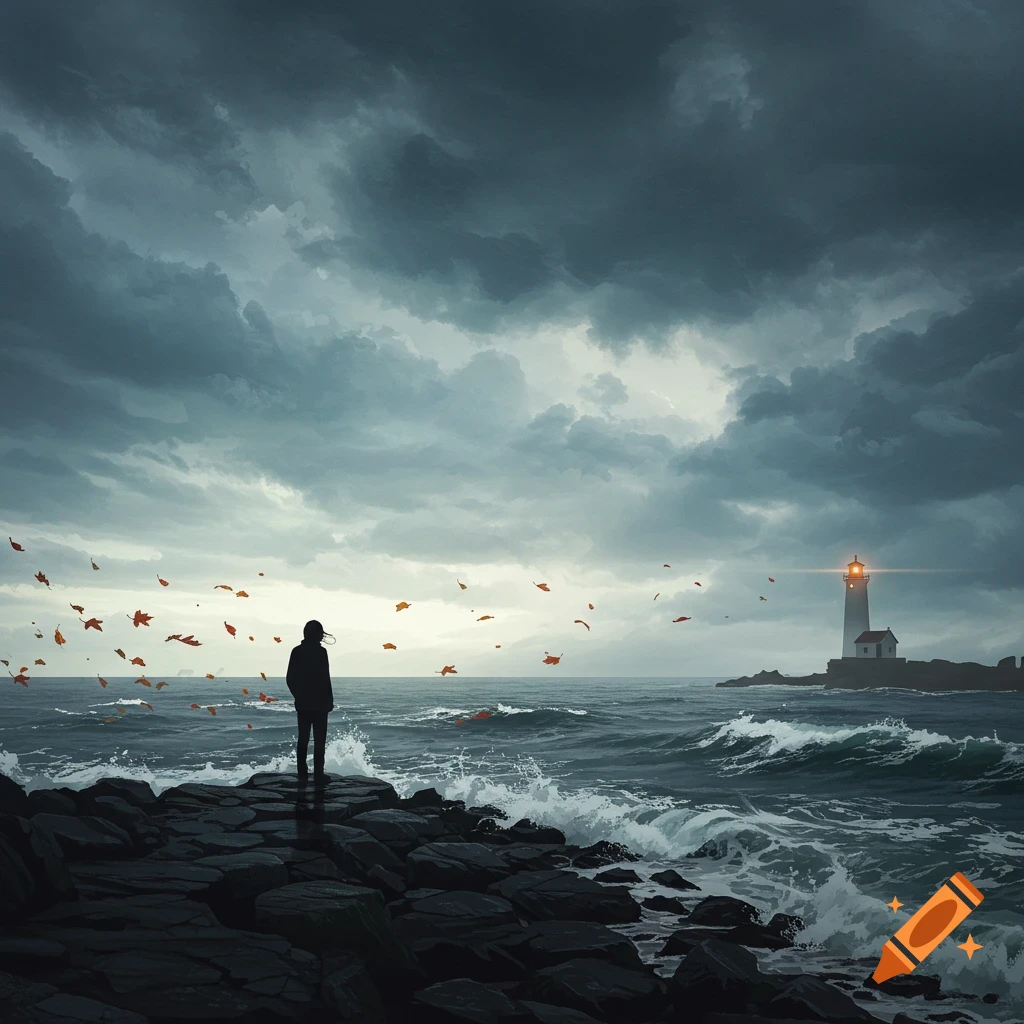 Lone figure on a rocky shore watching a distant lighthouse under a dark, stormy sky with autumn leaves, digital art.