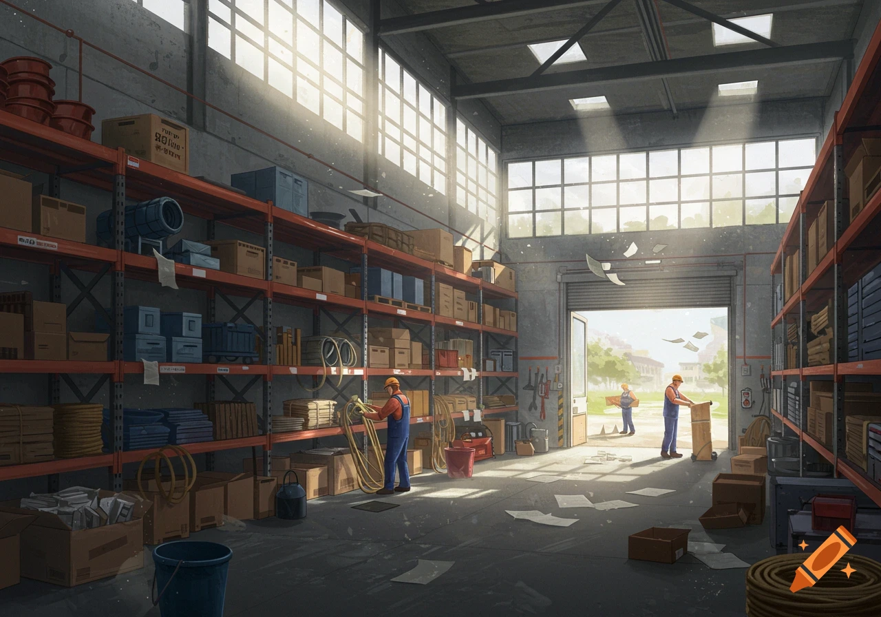 Illustrative scene of workers cleaning a sunlit warehouse with tall shelves stocked with various boxes and items.