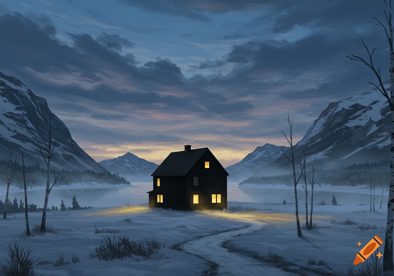 Digital art of a dark house with glowing windows in a snowy landscape, surrounded by mountains and a frozen lake at dusk.