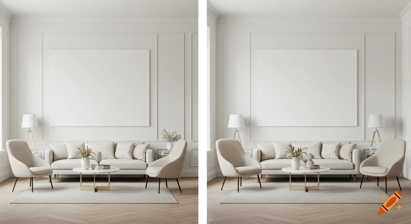 Photorealistic elegant living room with neutral furniture, a large blank canvas on the wall, and natural light from a window.