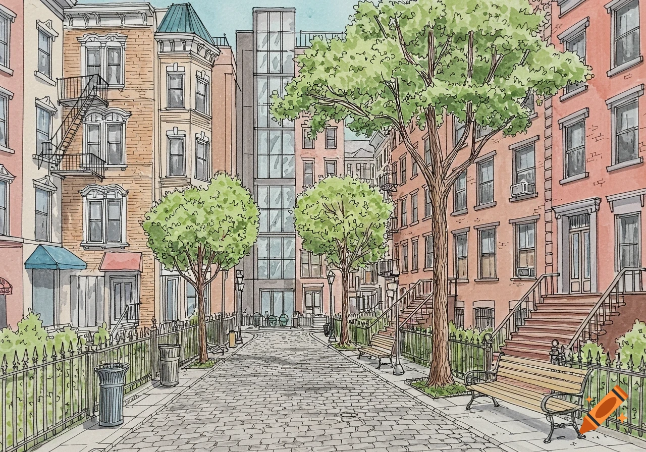 A vibrant watercolor line drawing of a pedestrian-friendly urban streetscape with various buildings, trees, and benches.