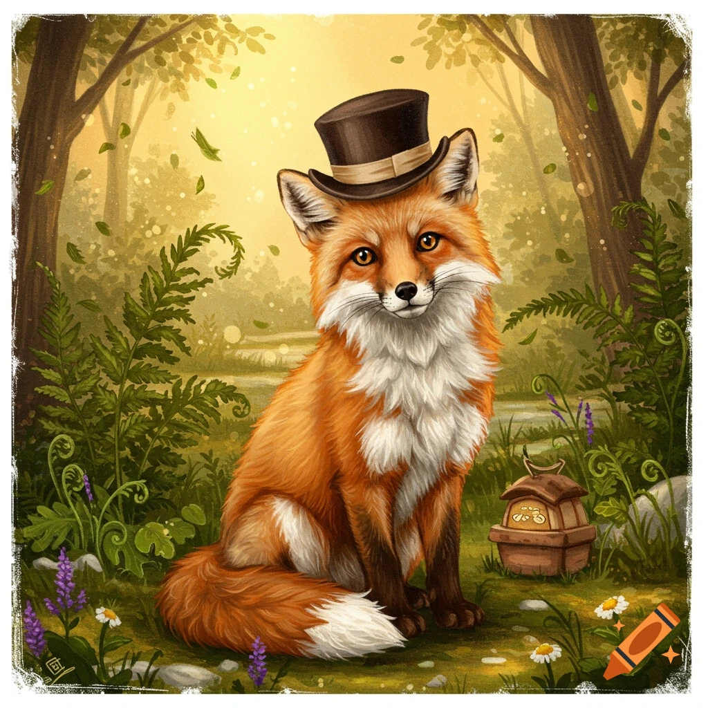 A charming fox wearing a brown top hat sits in a sun-dappled forest, surrounded by ferns and flowers, in an illustration.