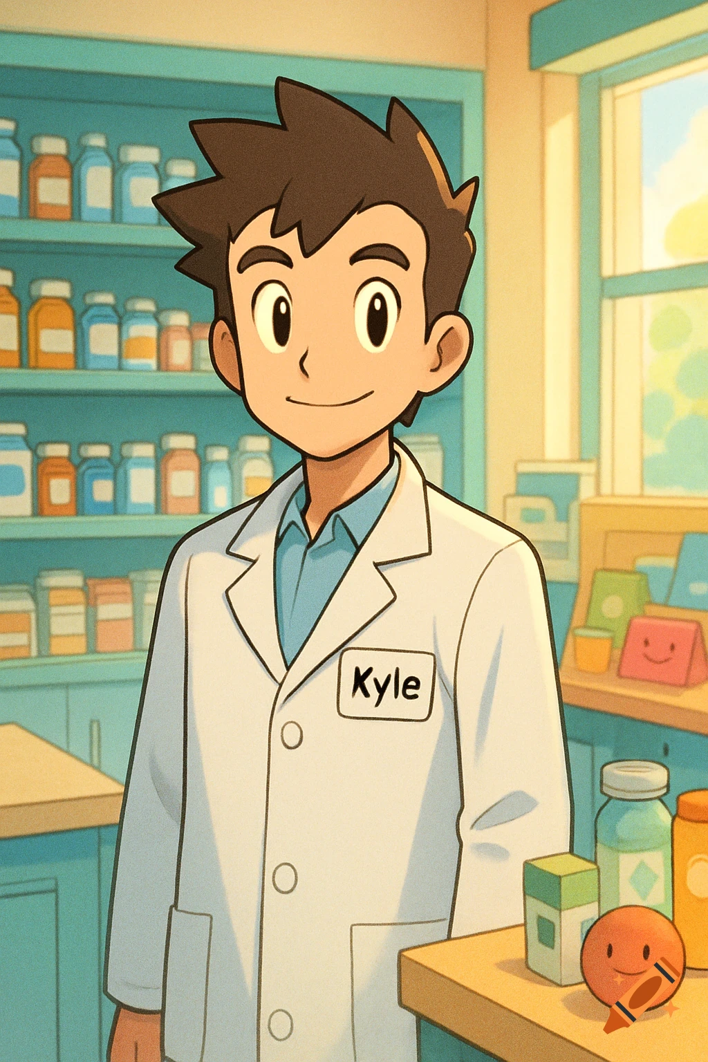 A smiling young adult male cartoon character in a white lab coat with a "Kyle" name tag, standing in a pharmacy, in the style of Pokemon.