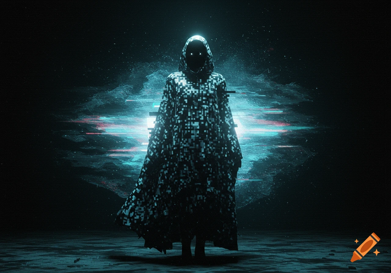 A dark, pixelated hooded figure with glowing white eyes stands in a glitchy, abstract, dark blue environment.