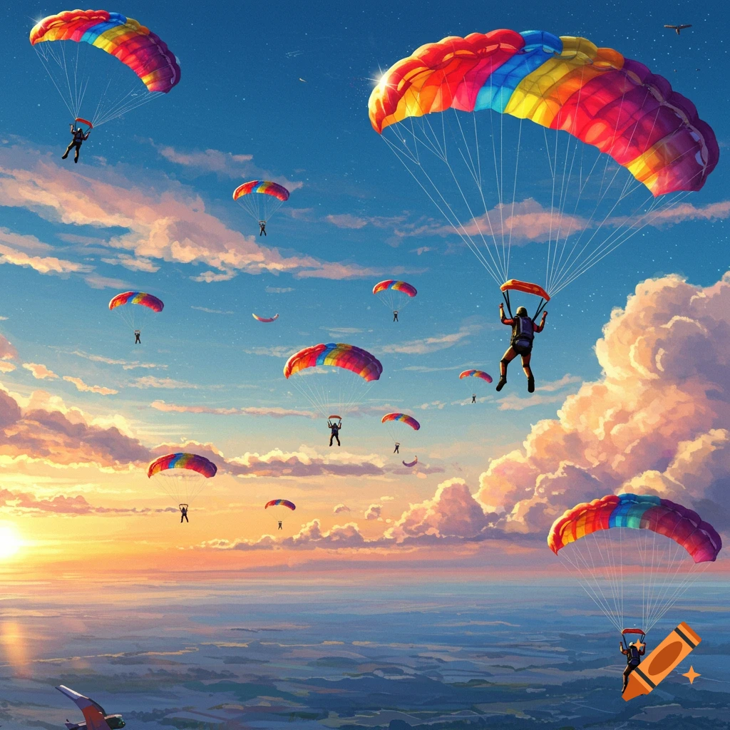 Multiple parachutists with colorful parachutes descend through a vibrant, cloudy sky during sunset over a vast landscape.