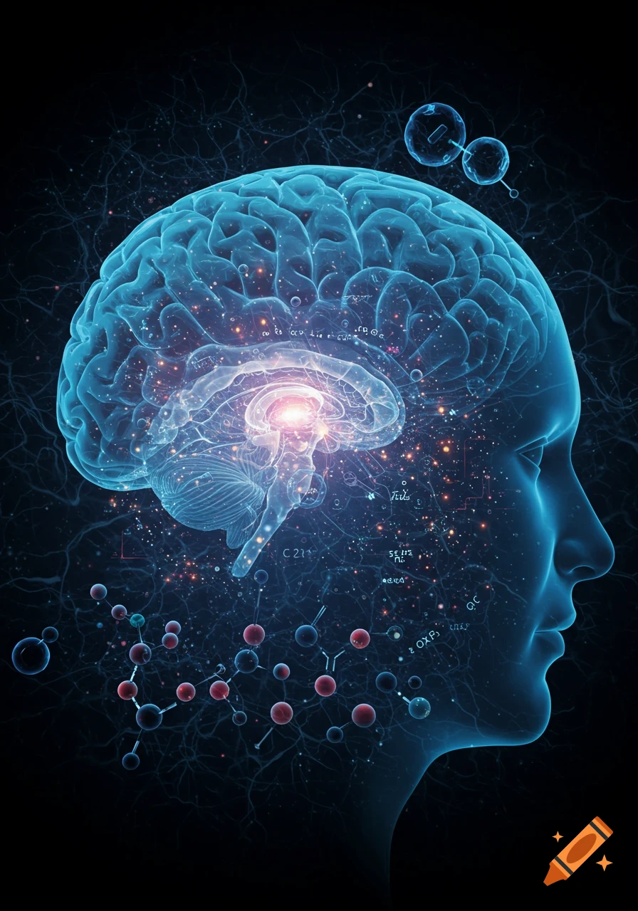 Stylized glowing blue human head in profile with an illuminated brain, neural networks, and chemical structures against a dark background.