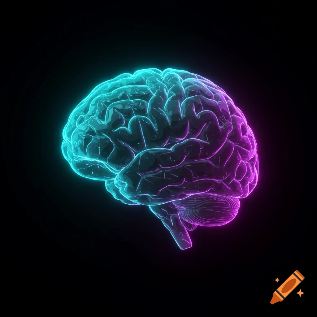 A glowing neon futuristic digital brain, rendered with cyan and purple highlights on a dark background.
