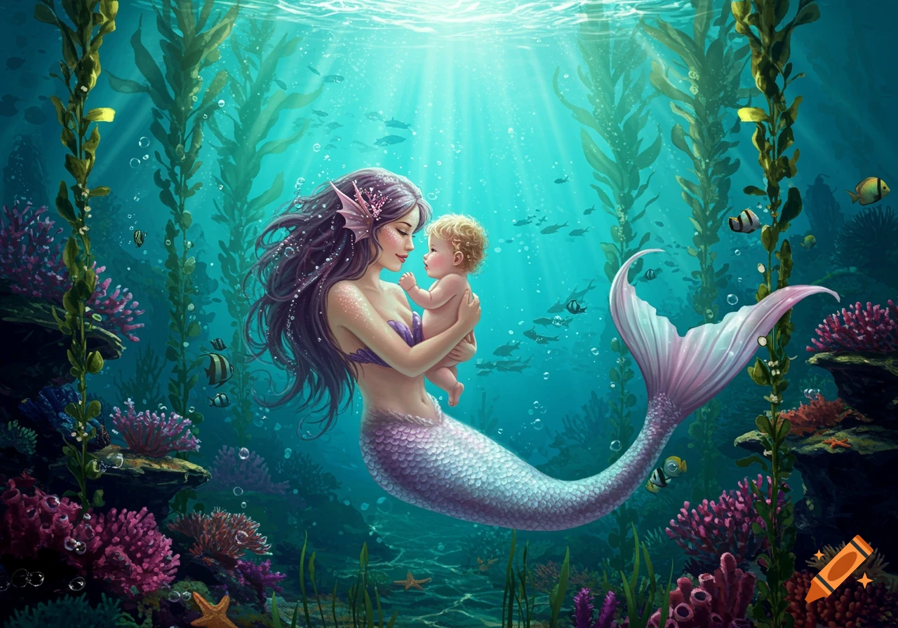 Beautiful mermaid with purple hair cradles a baby in a sunlit underwater coral reef filled with fish and kelp.