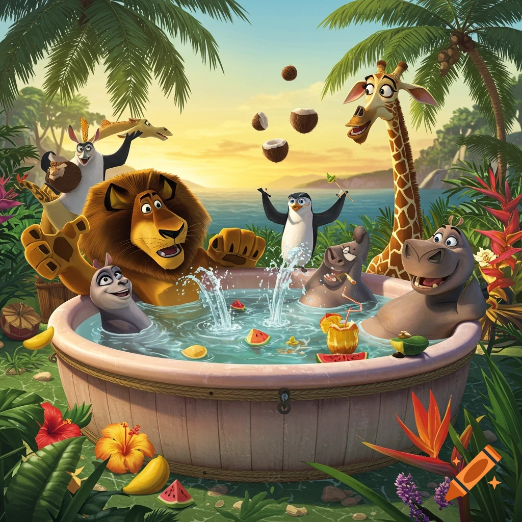 Cartoon Madagascar characters Alex, Gloria, Melman, penguins, and lemurs relaxing and splashing in a hot tub on a tropical beach at sunset.