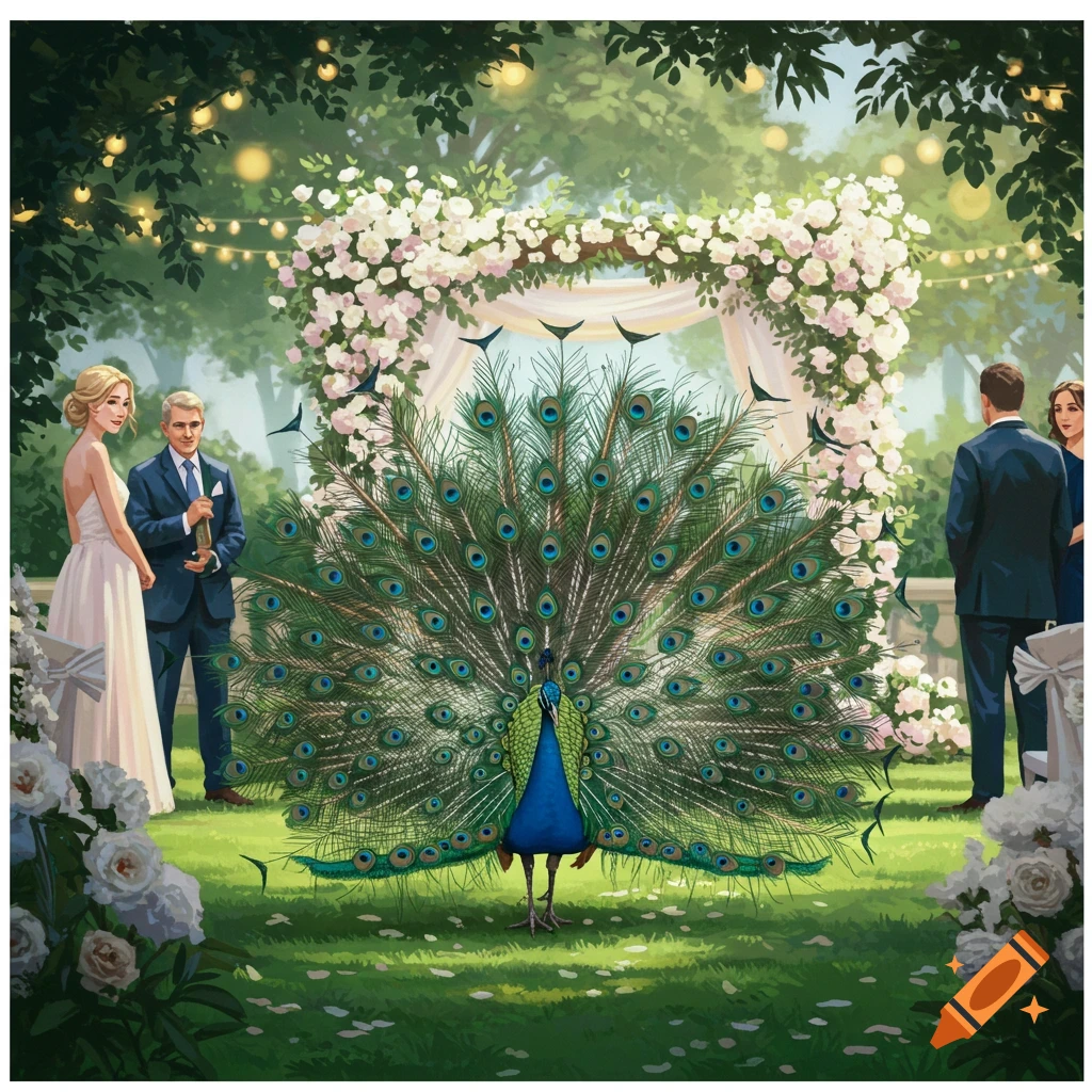 Illustration of a peacock displaying its vibrant tail feathers at an outdoor wedding with guests and a floral arch.