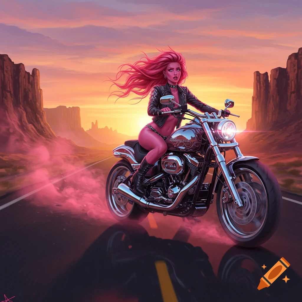 A pink-skinned woman with flowing pink hair rides a chrome motorcycle down a desert road at sunset, digital art.