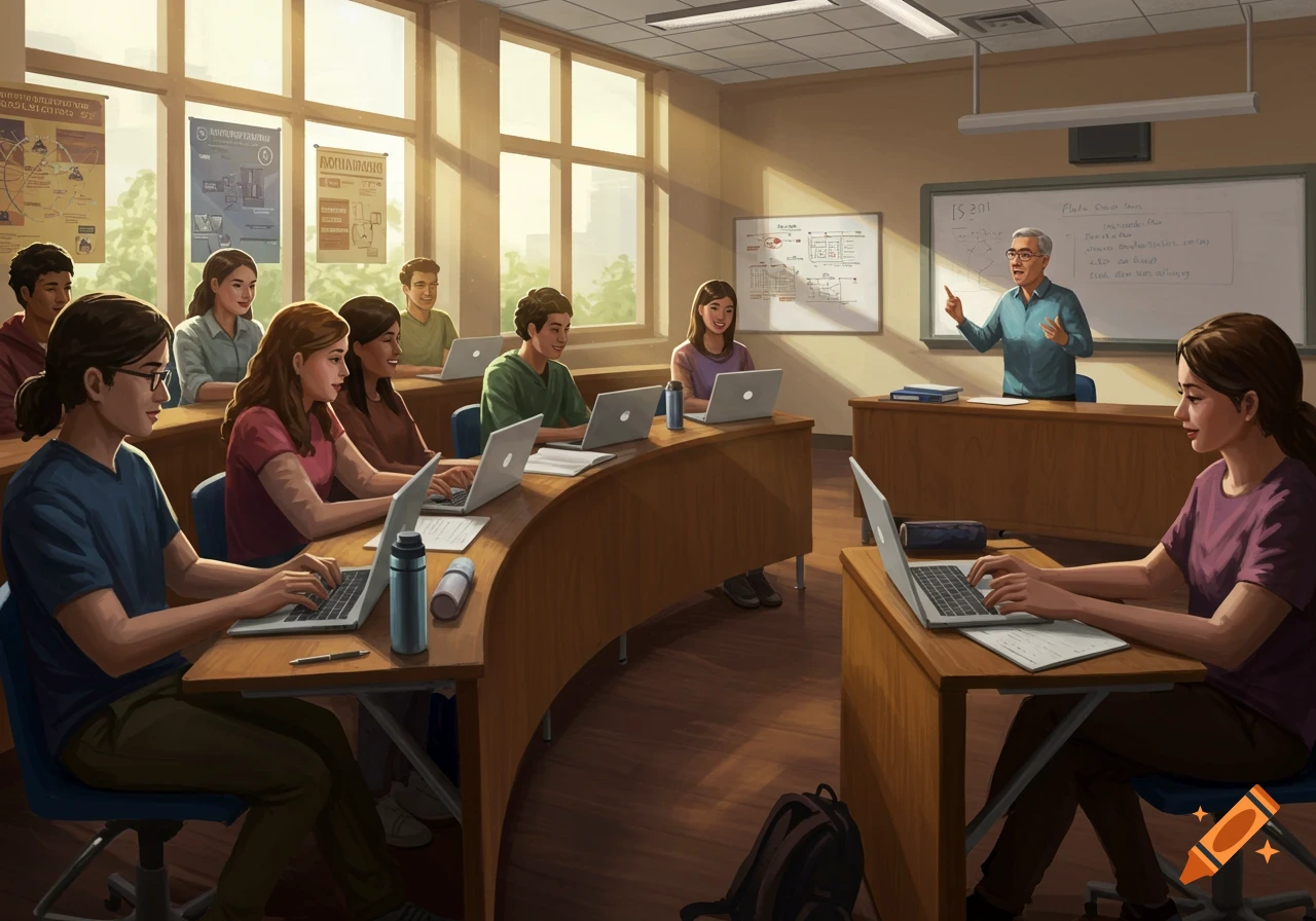 An illustration of a classroom with students working on laptops and a teacher presenting at a whiteboard, bathed in warm sunlight from large windows.