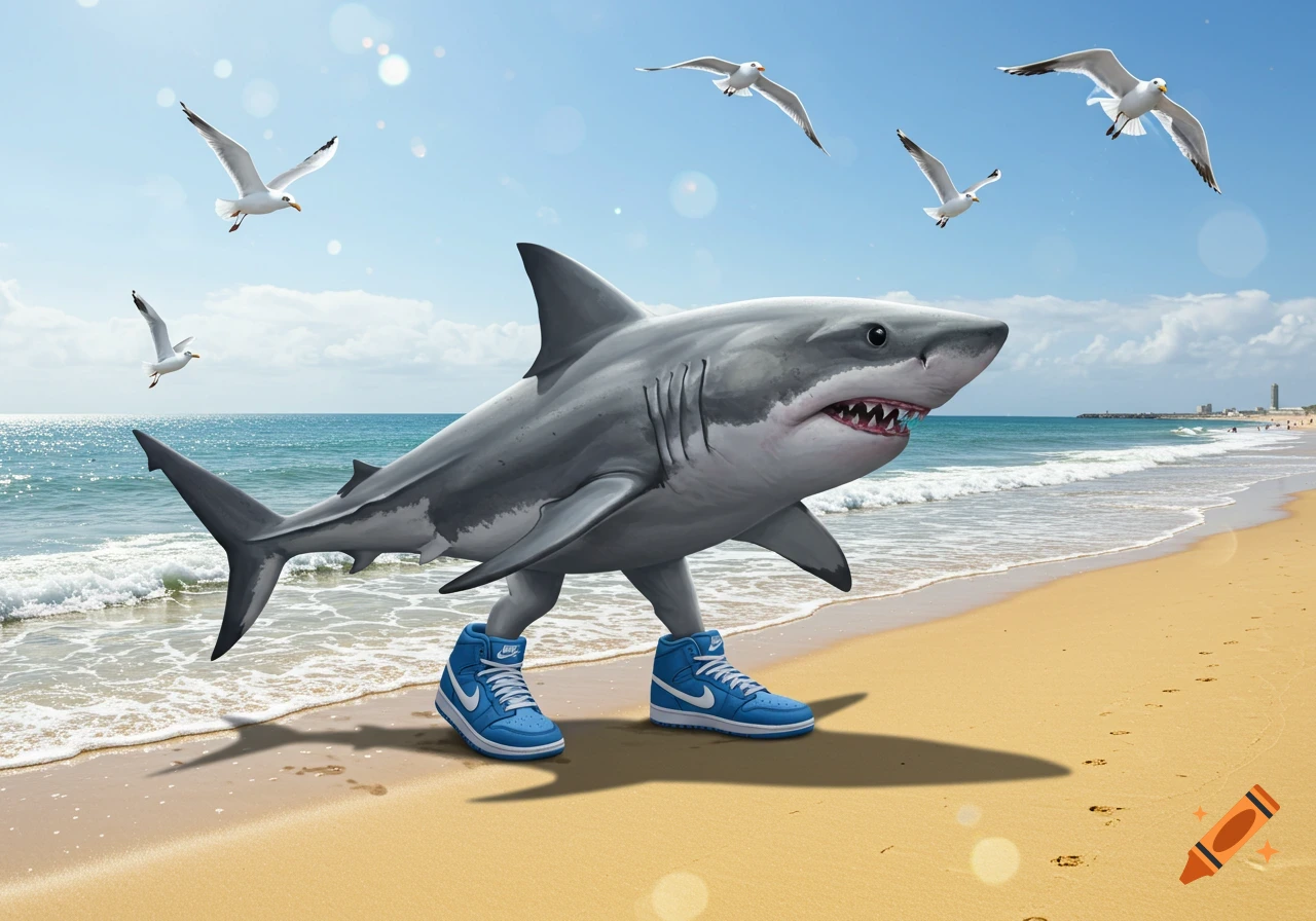 A photorealistic great white shark with legs wearing blue Nike shoes walks on a sandy beach under a blue sky with seagulls.