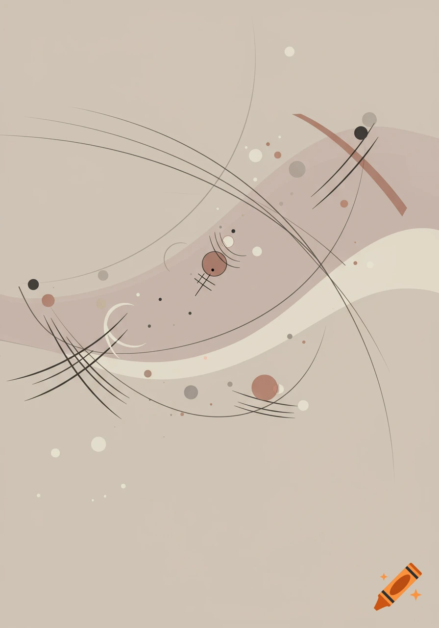 Abstract art in Kandinsky style with dynamic lines, curves, circles, and dots on a beige background.