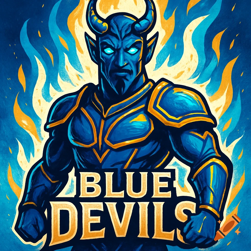 Blue devil mascot in armor with glowing eyes, surrounded by blue and gold flames, with 'BLUE DEVILS' text.