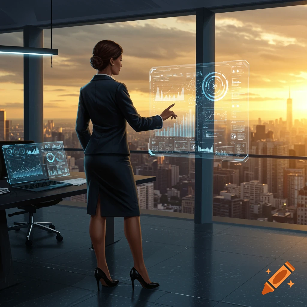 Businesswoman in a suit views a holographic data display in a high-rise office, city skyline at sunset. Laptop with charts on desk.