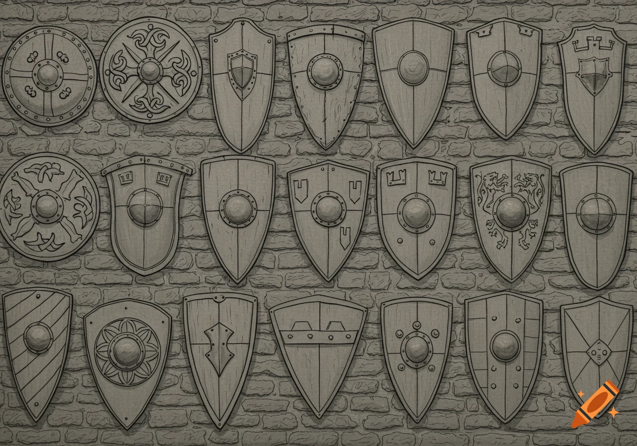 Multiple different medieval shields in a line art style hang on a textured brick wall.