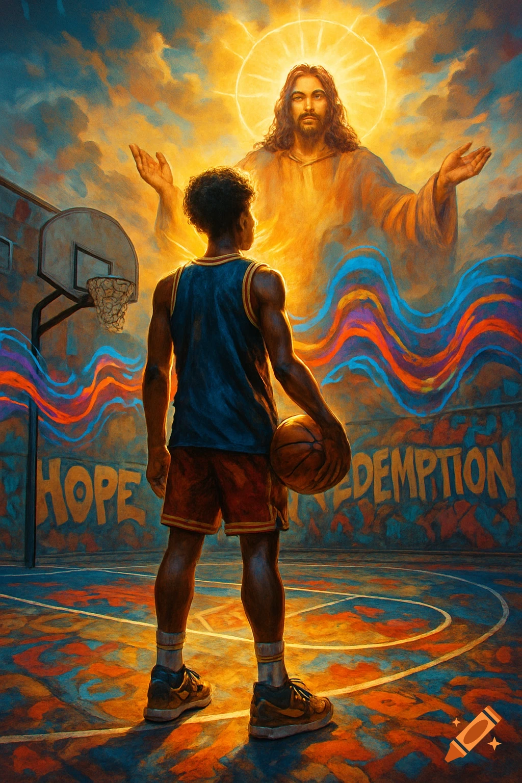 A painterly image of a basketball player looking up at a glowing Jesus in the sky, with 'HOPE' and 'REDEMPTION' graffiti on a wall.