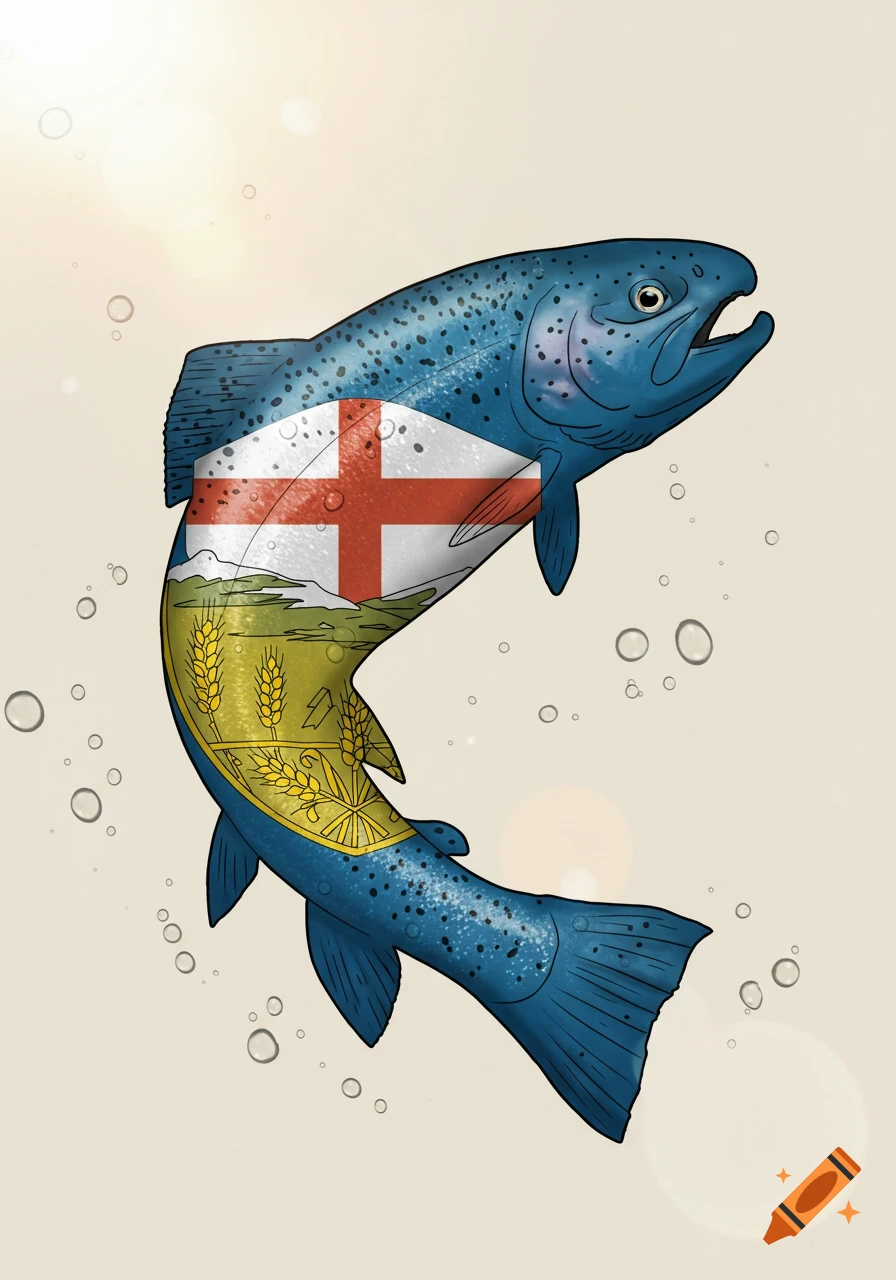 A stylized blue trout with the Alberta flag design on its body swims upwards amidst bubbles, illustration.