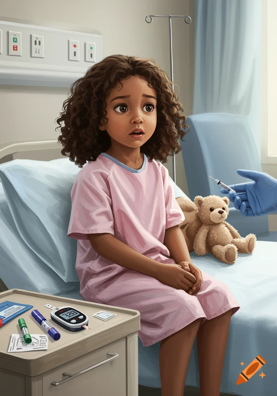 A scared young girl in a pink hospital gown sits on a bed with a teddy bear, looking at a hand holding a syringe. Medical supplies are on a nearby table.