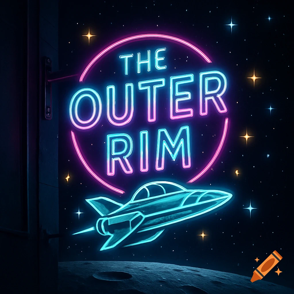 Neon sign 'The Outer Rim' with a blue spaceship, glowing pink and blue, against a starry space and moon background.
