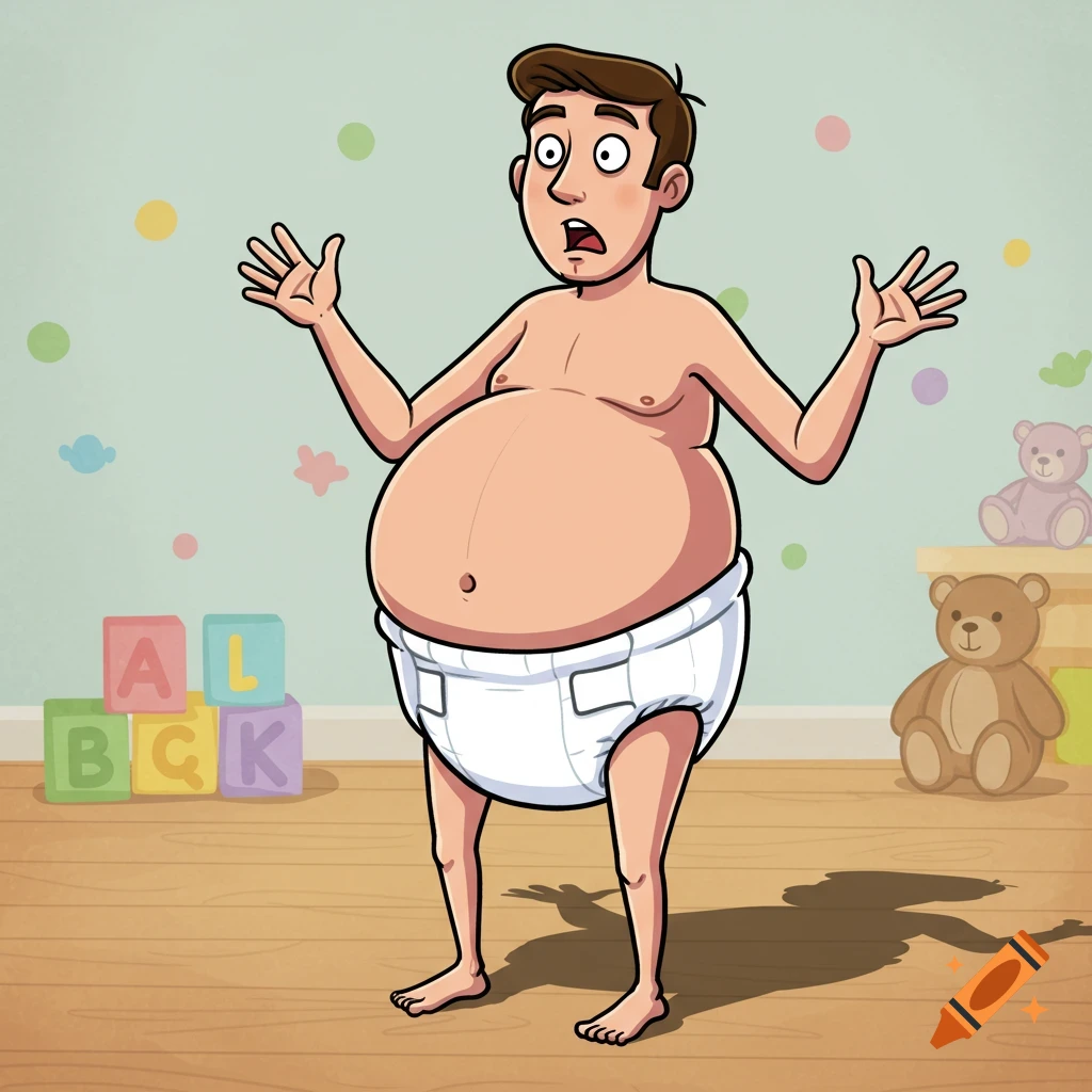 Cartoon of a surprised man with a large belly wearing a white diaper in a nursery room with toys.