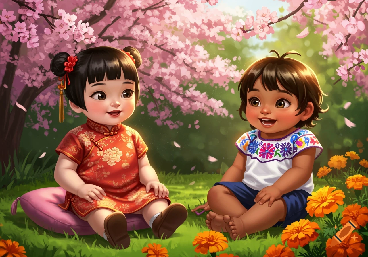 Smiling Chinese and Mexican toddlers sit among orange flowers under cherry blossom trees in an illustration.