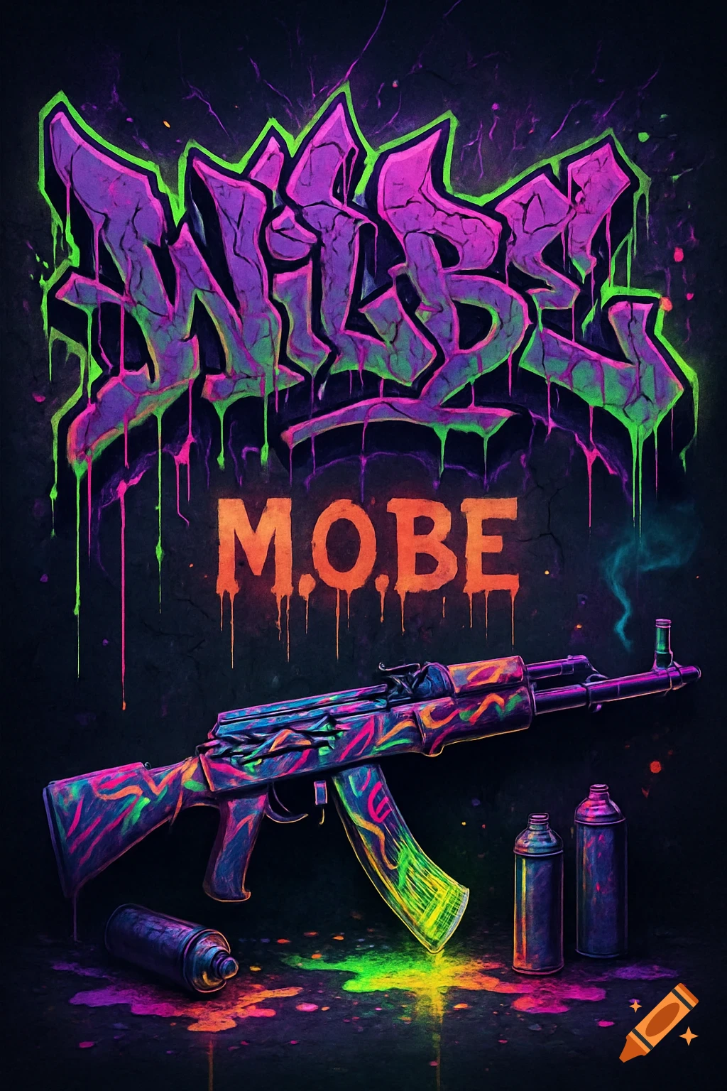 Vibrant neon graffiti art with a glowing AK-47 rifle, spray paint cans, and colorful paint drips on a dark background.