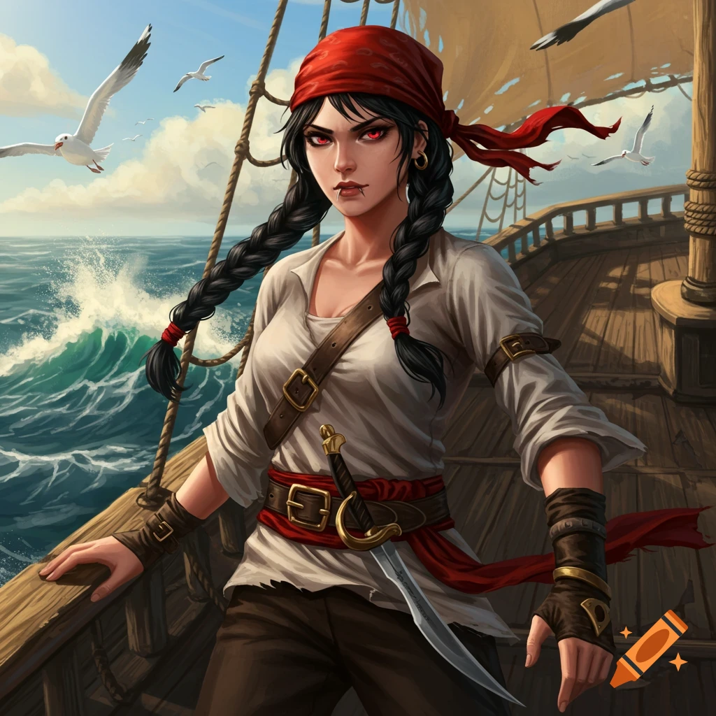 An illustration of a fierce female pirate with black braided hair, red eyes, and a red bandana, standing on a wooden ship deck with ocean waves and seagulls.