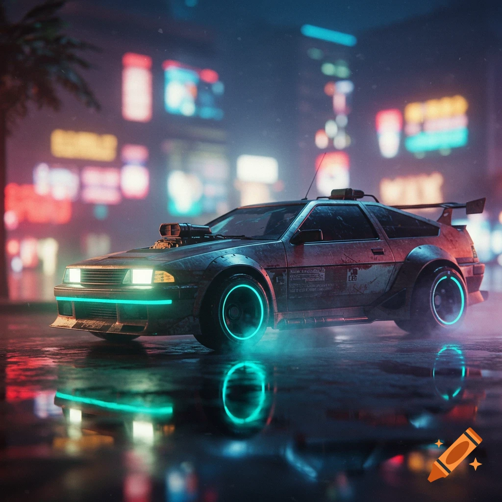 A rusty, futuristic cyberpunk car with glowing neon lights on wheels, parked on a wet city street at night.