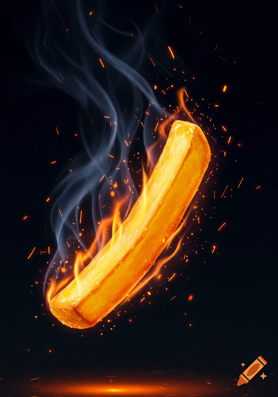 A single golden french fry is engulfed in flames, smoke, and sparks against a dark background.