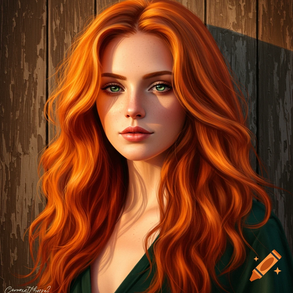 A photorealistic portrait of a young woman with long, wavy red hair and striking green eyes, against a rustic wooden background.