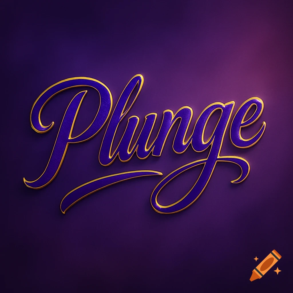 Stylized royal purple word 'Plunge' with a golden outline on a dark purple background.