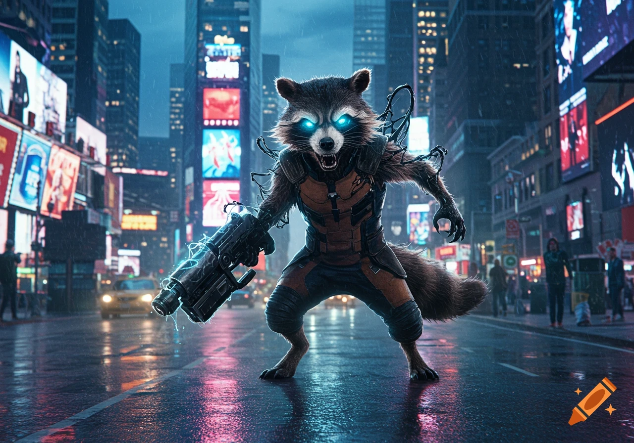 Photorealistic image of Rocket Raccoon, bonded with a dark symbiote, glowing blue eyes, holding an electric weapon in a rainy, neon-lit New York City street.