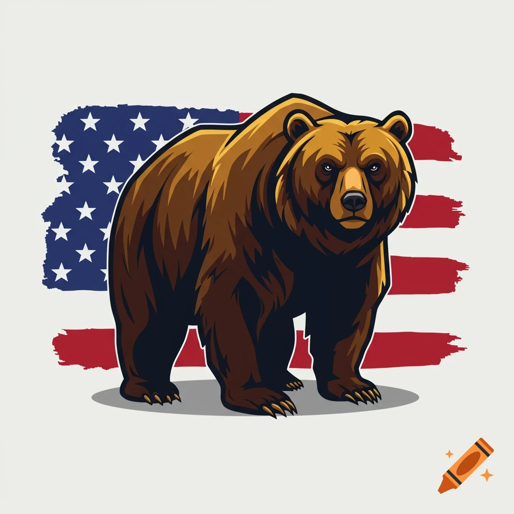 A stylized brown bear stands prominently in front of a distressed American flag with brushstroke-like edges.