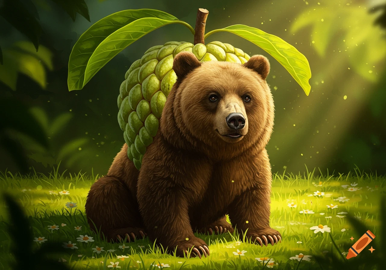 A brown bear with a large green sugar-apple shell on its back sits in a vibrant grassy forest with small white flowers.