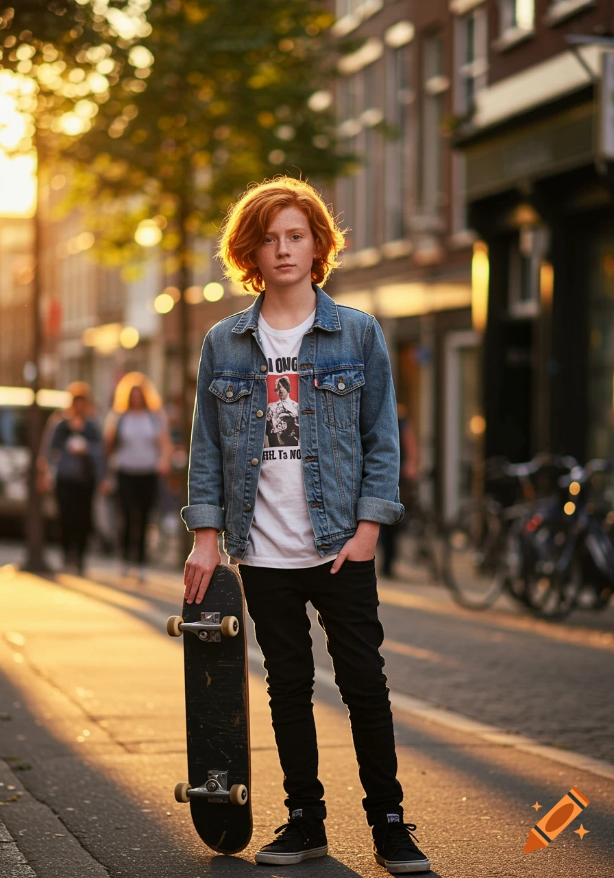 A boy with red hair and freckles stands on a city street at sunset, holding a skateboard. He wears a denim jacket and black pants.