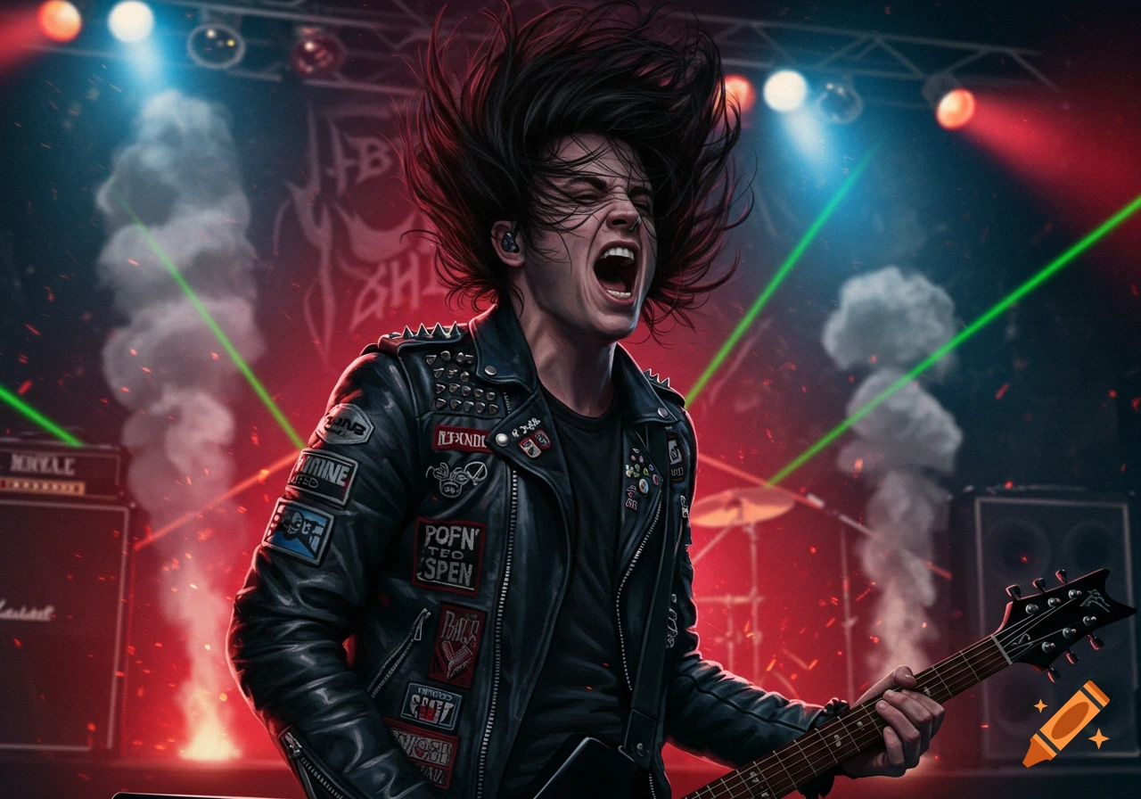 A metalhead with long hair flying in the air, wearing a studded leather jacket, screams into a microphone while playing an electric guitar on a stage with smoke and laser lights.