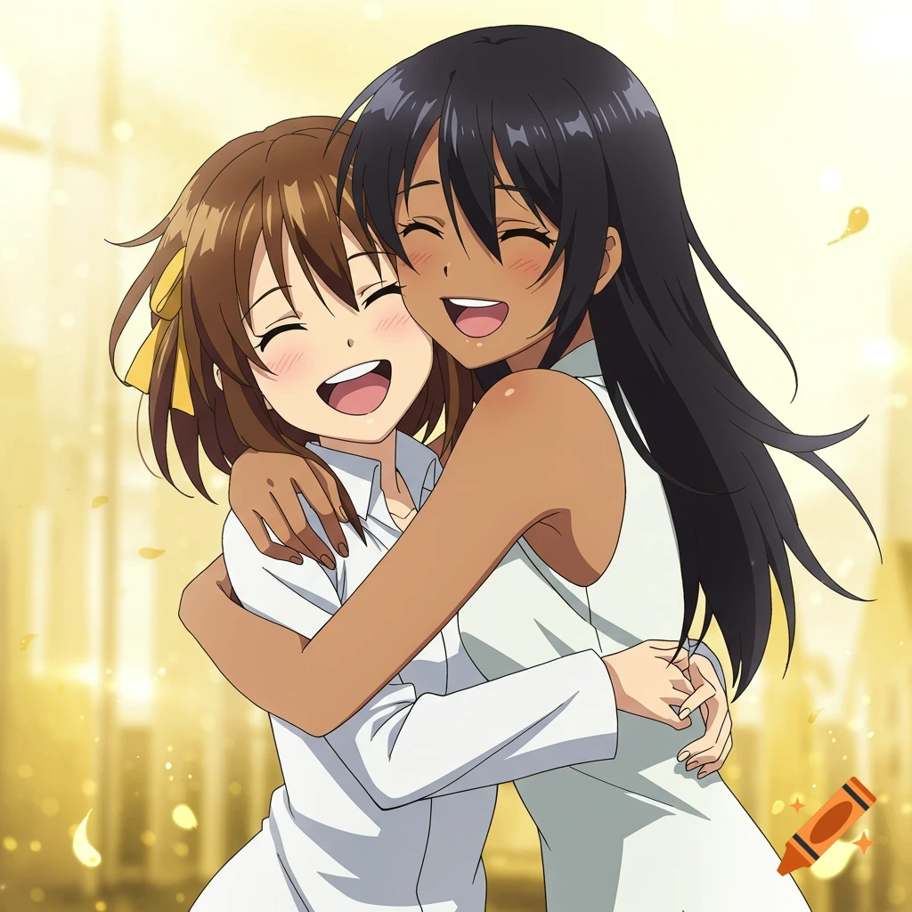 Two anime girls, one with brown hair and fair skin, the other with black hair and brown skin, embrace and laugh happily.