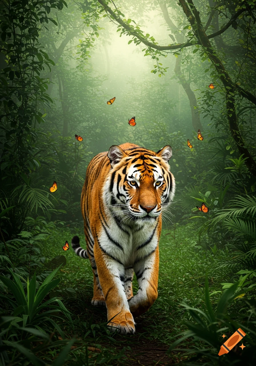 A photorealistic tiger walks through a lush, misty green jungle with orange butterflies flying around.