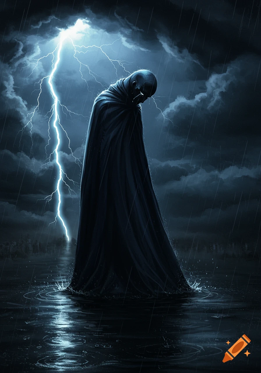 A dark, cloaked, bald figure stands hunched in pouring rain with lightning striking behind them, reflecting in the shallow water below.