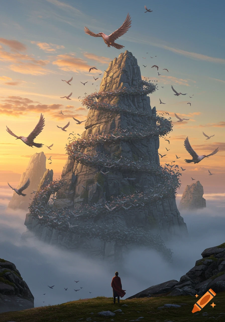 A lone figure views a massive mountain formed by a swirling flock of birds under a dramatic, cloudy sky at sunset.