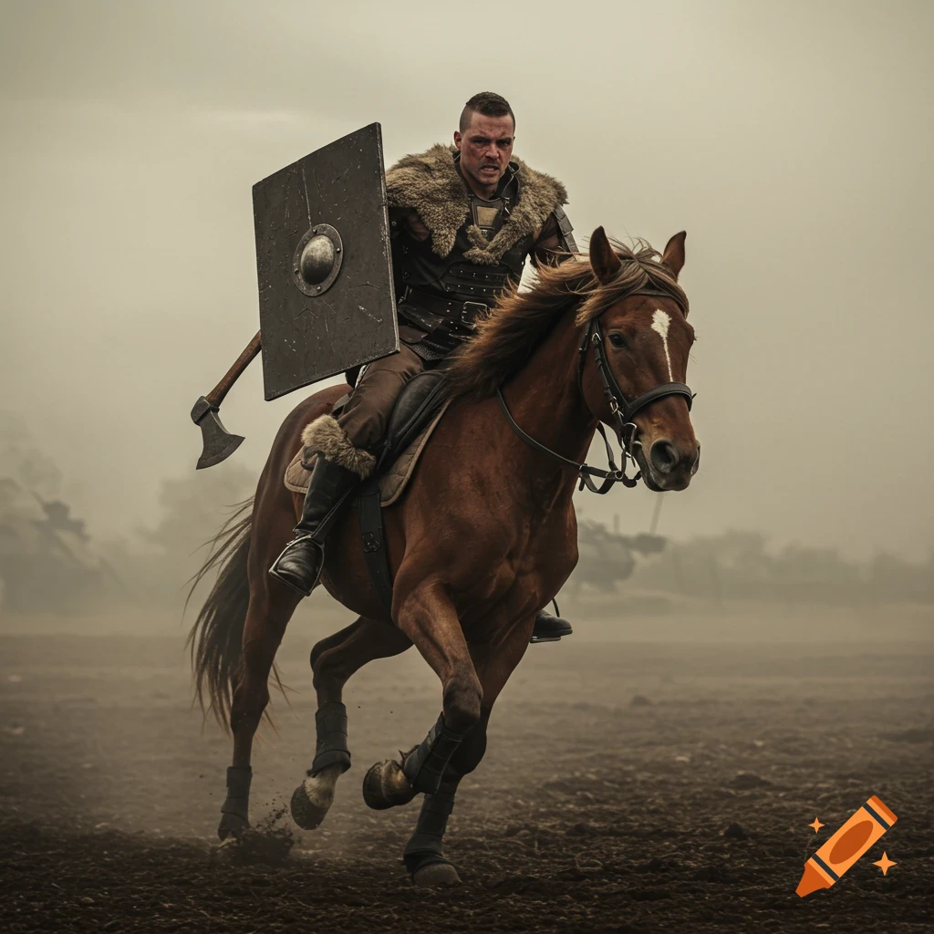 A fierce barbarian warrior in fur-trimmed leather armor rides a galloping brown warhorse across a misty, muddy battlefield. He carries a shield and an axe.