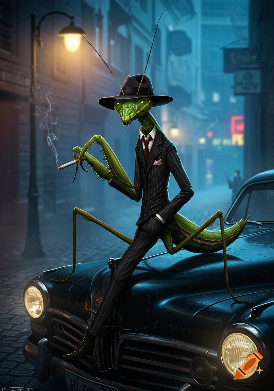 A gangster praying mantis in a pinstripe suit and fedora smokes a cigarette, leaning on a vintage car on a dark city street at night.